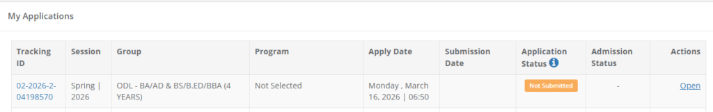 AIOU Online Admission Form Fill Option
