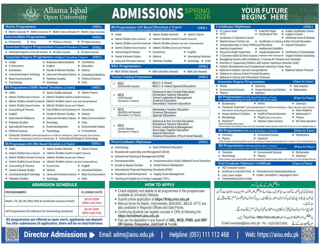 AIOU Online Admission Spring 2026 Advertisement 