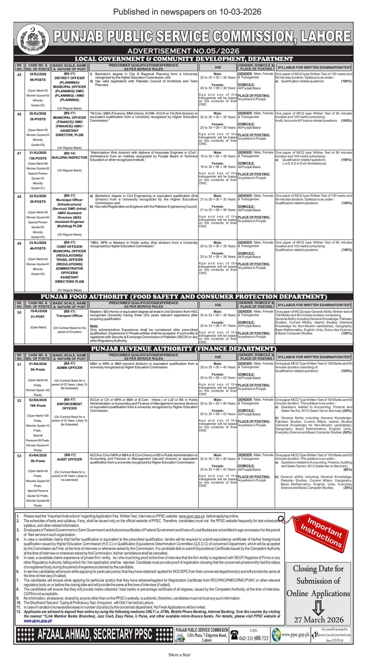 PPSC Advertisement 05-2026